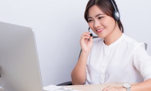 Woman working in call center she feel happy